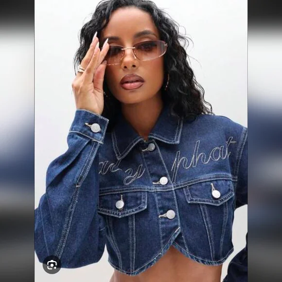 Baby Phat Dark Blue Denim Cropped Jacket with Embroidered Logo- M - Picture 1 of 3